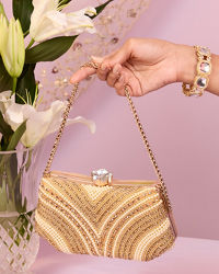 Mohey Women Beige Art Silk Clutch Bag