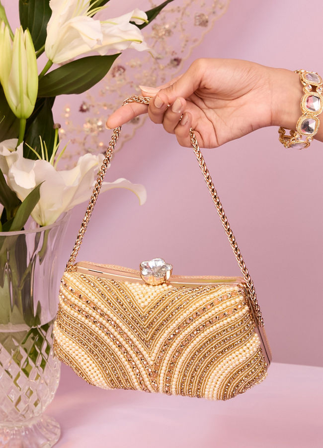 Mohey Women Beige Art Silk Clutch Bag