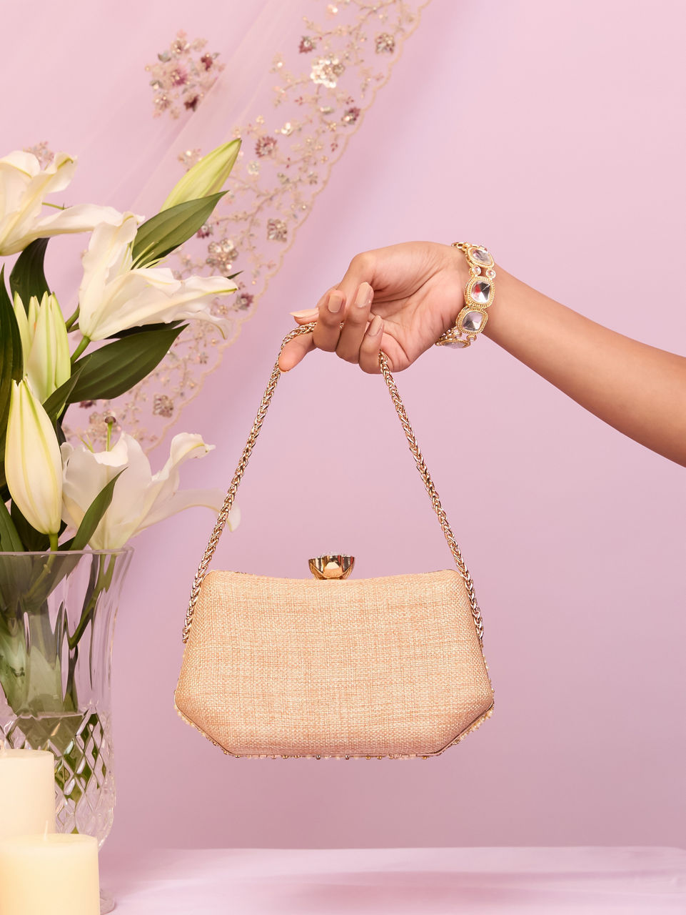 Mohey Women Beige Art Silk Clutch Bag