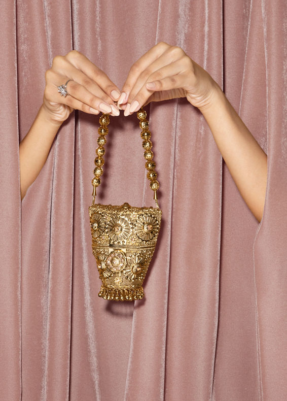 Mohey Women Gold Art Silk Mini Bag