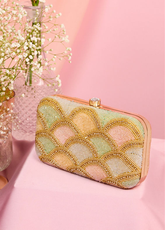 Mohey Women Beige Art Silk Clutch with Elegant Finish