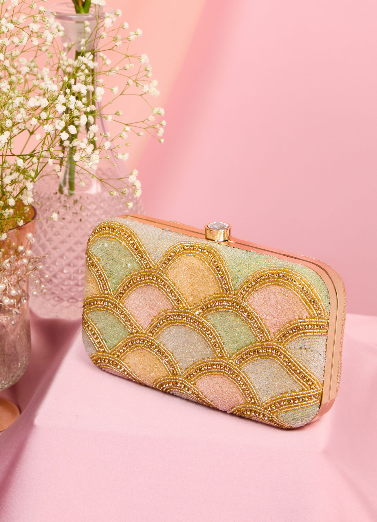 Mohey Women Beige Art Silk Clutch with Elegant Finish