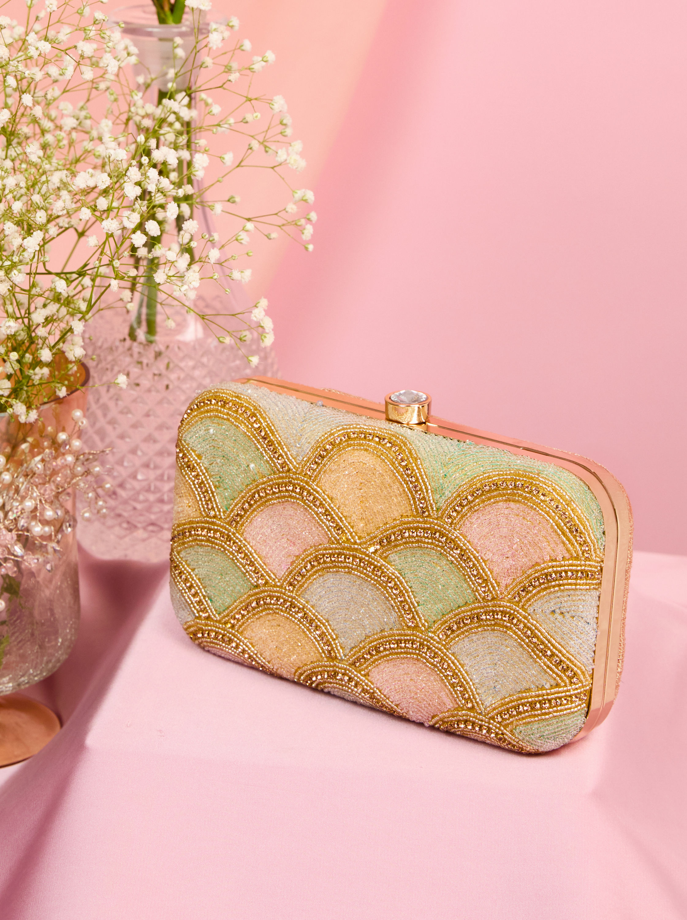 Mohey Women Beige Art Silk Clutch with Elegant Finish