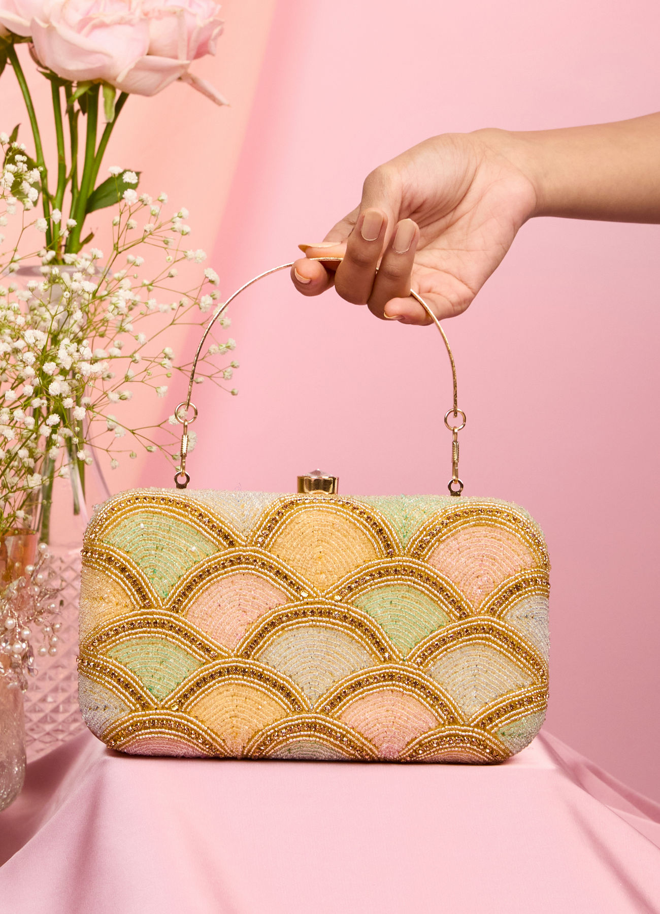 Mohey Women Beige Art Silk Clutch with Elegant Finish