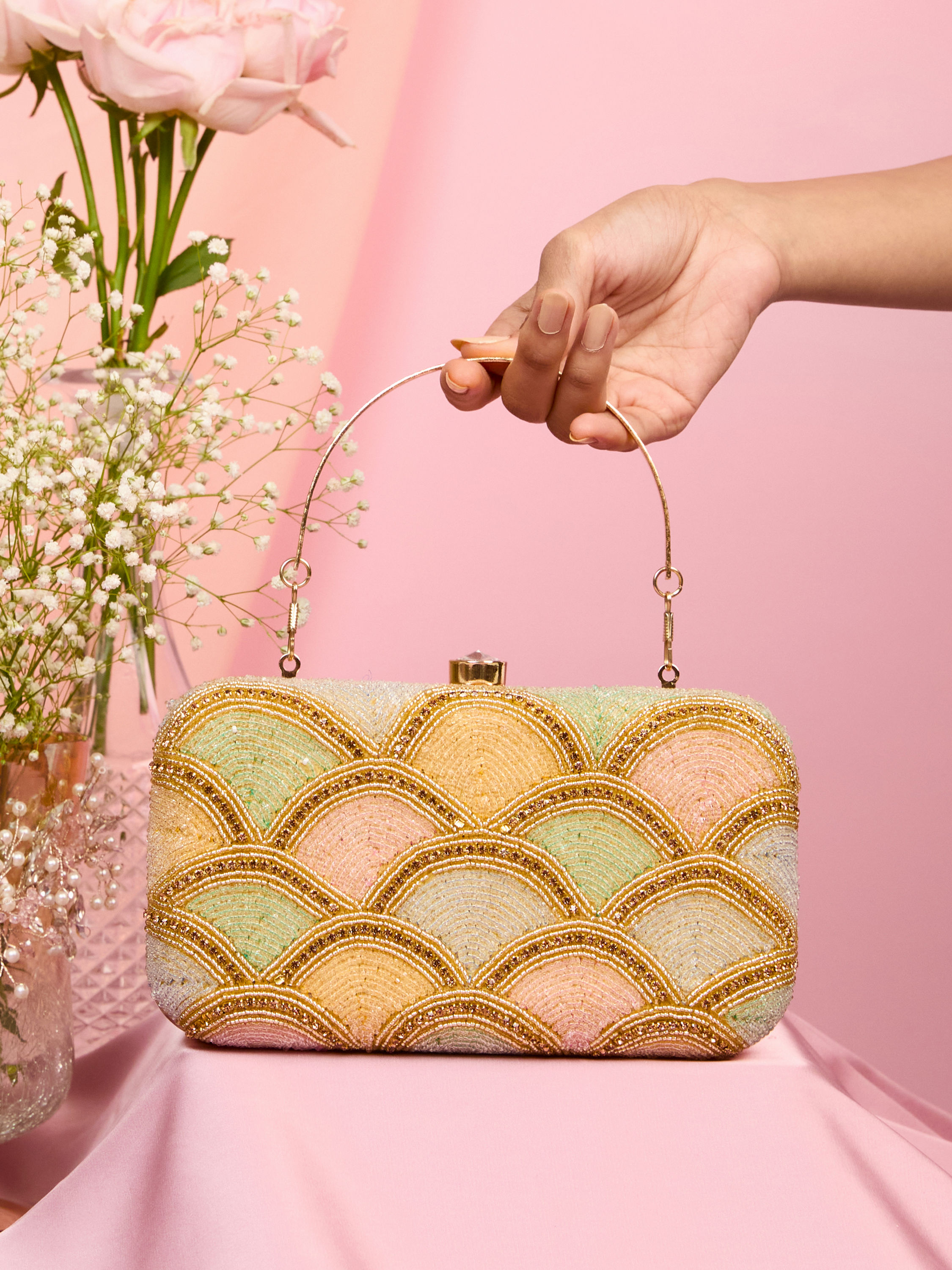 Mohey Women Beige Art Silk Clutch with Elegant Finish