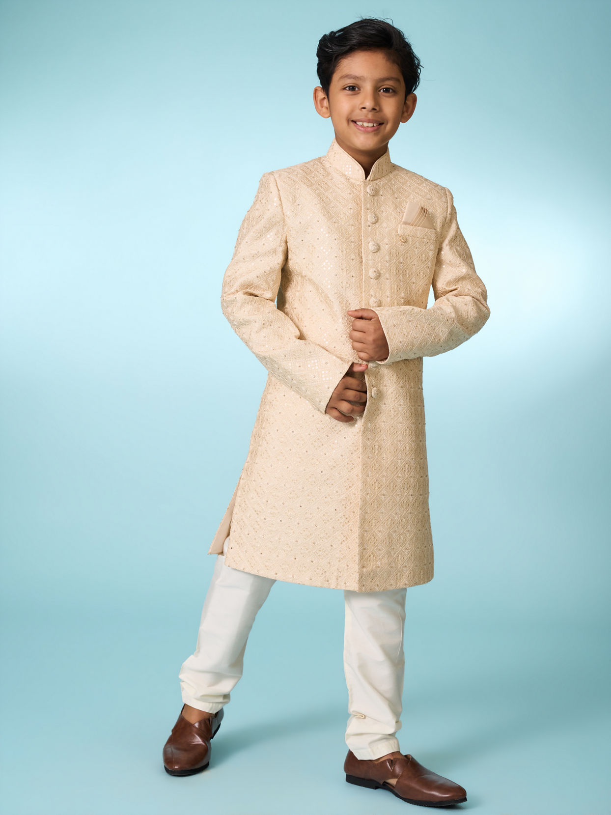 Manyavar Boys Tasteful Beige Sherwani Ensemble
