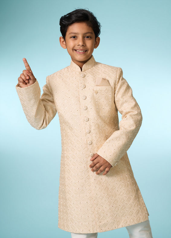 Manyavar Boys Tasteful Beige Sherwani Ensemble