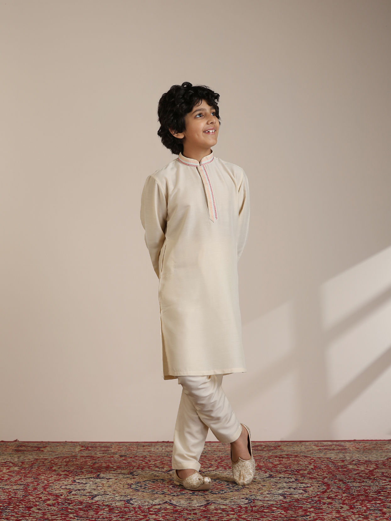 Manyavar Boys Boys Sand Beige Trellis Multi coloured Patterned Jacket Set