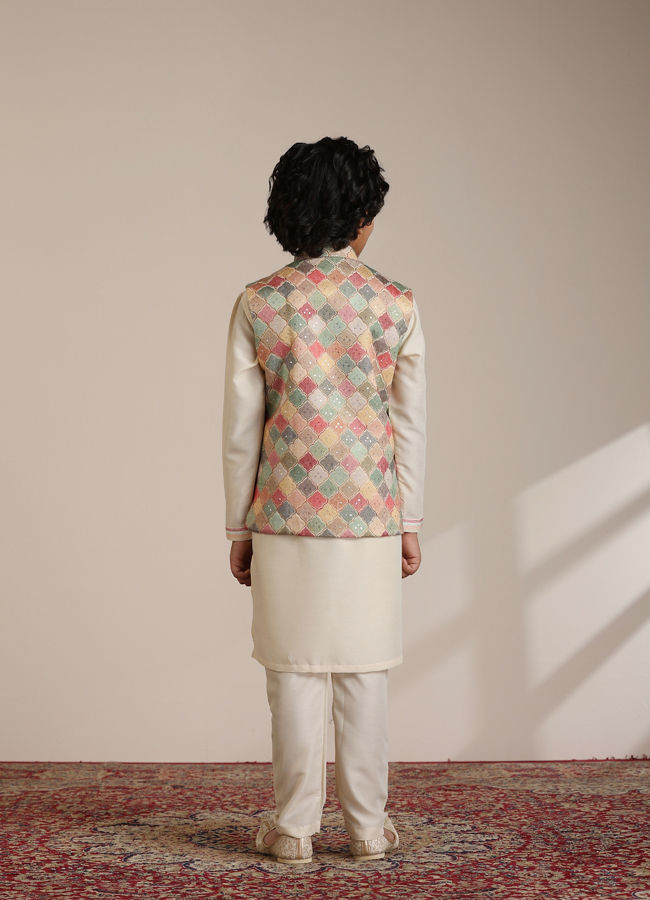 Manyavar Boys Boys Sand Beige Trellis Multi coloured Patterned Jacket Set