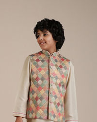 Manyavar Boys Boys Sand Beige Trellis Multi coloured Patterned Jacket Set