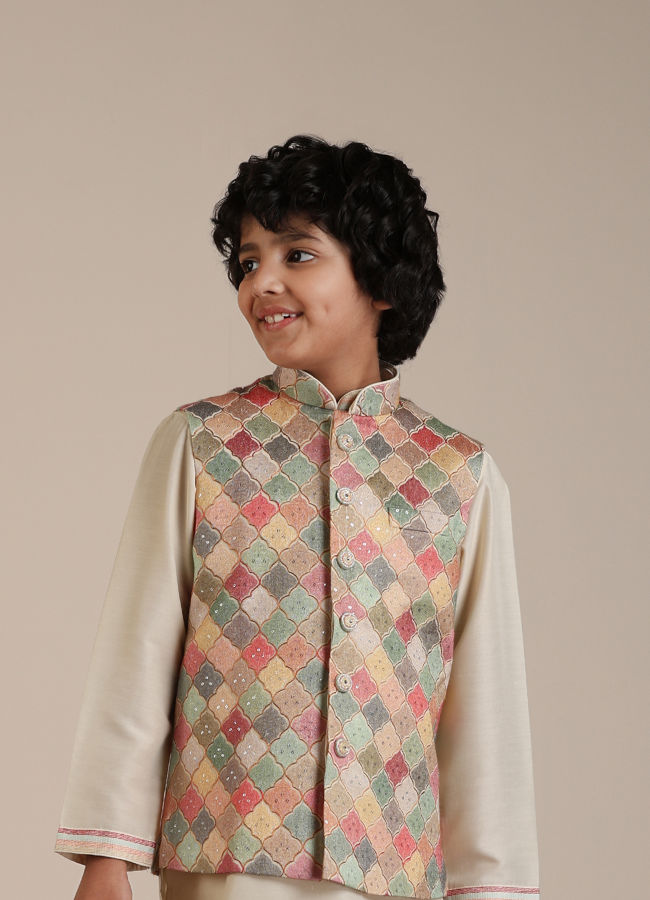 Manyavar Boys Boys Sand Beige Trellis Multi coloured Patterned Jacket Set