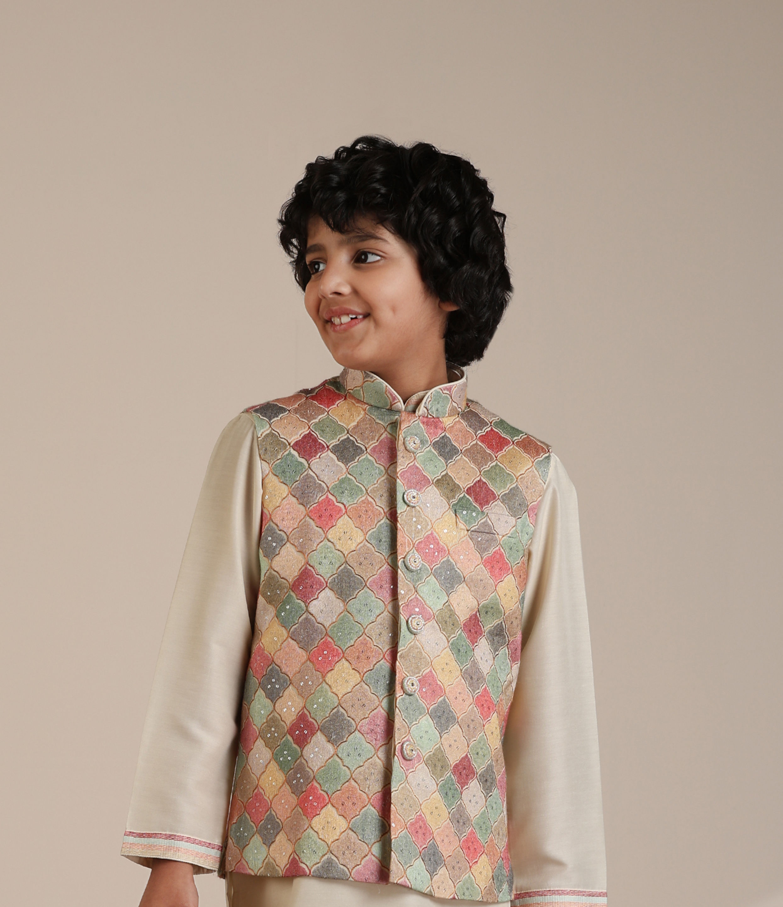Manyavar Boys Boys Sand Beige Trellis Multi coloured Patterned Jacket Set