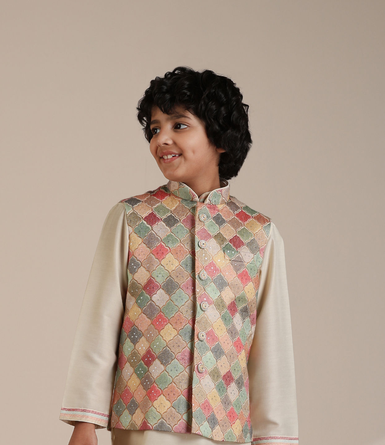 Manyavar Boys Boys Sand Beige Trellis Multi coloured Patterned Jacket Set