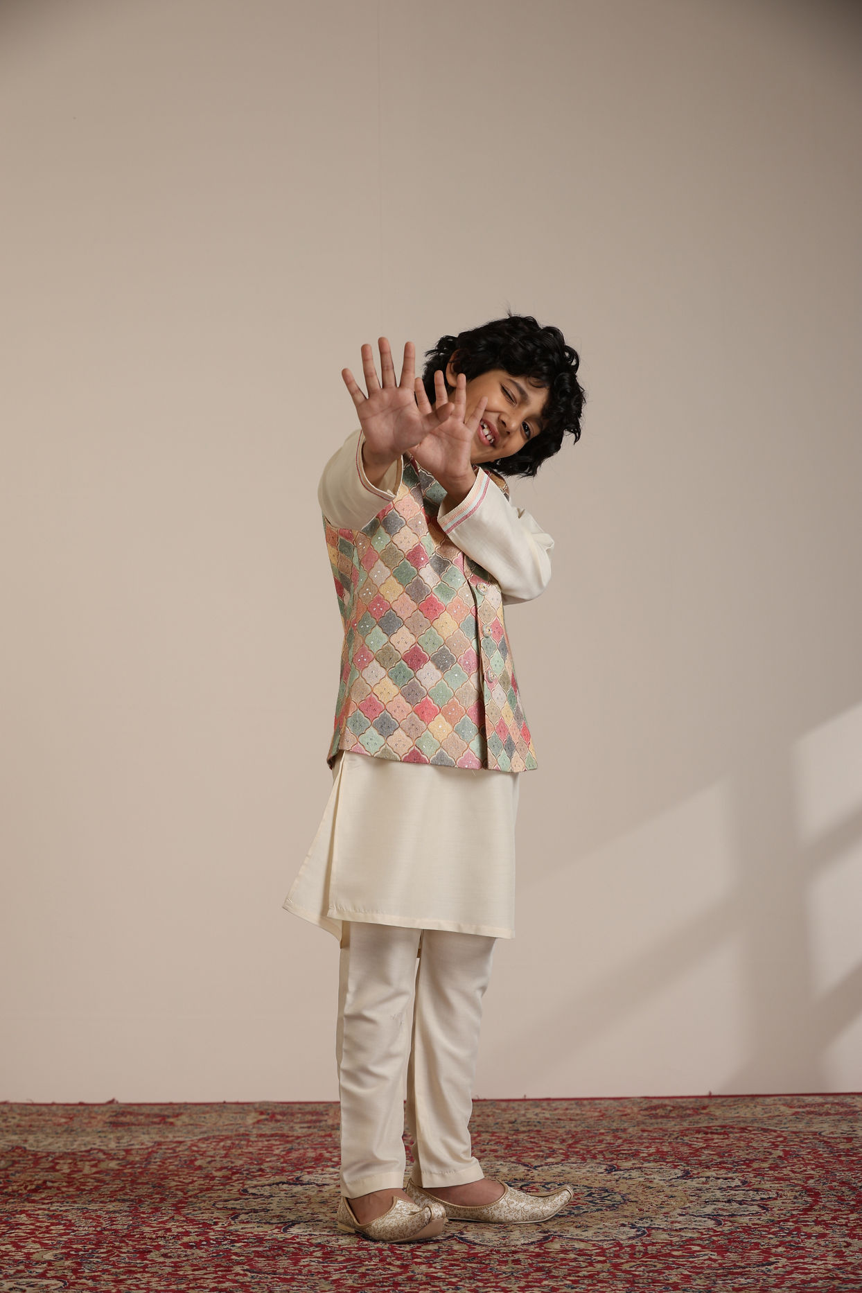 Manyavar Boys Boys Sand Beige Trellis Multi coloured Patterned Jacket Set