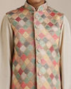 Manyavar Boys Boys Sand Beige Trellis Multi coloured Patterned Jacket Set