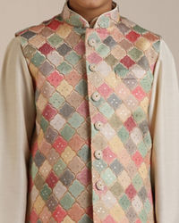 Manyavar Boys Boys Sand Beige Trellis Multi coloured Patterned Jacket Set