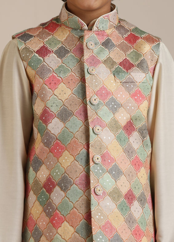 Manyavar Boys Boys Sand Beige Trellis Multi coloured Patterned Jacket Set