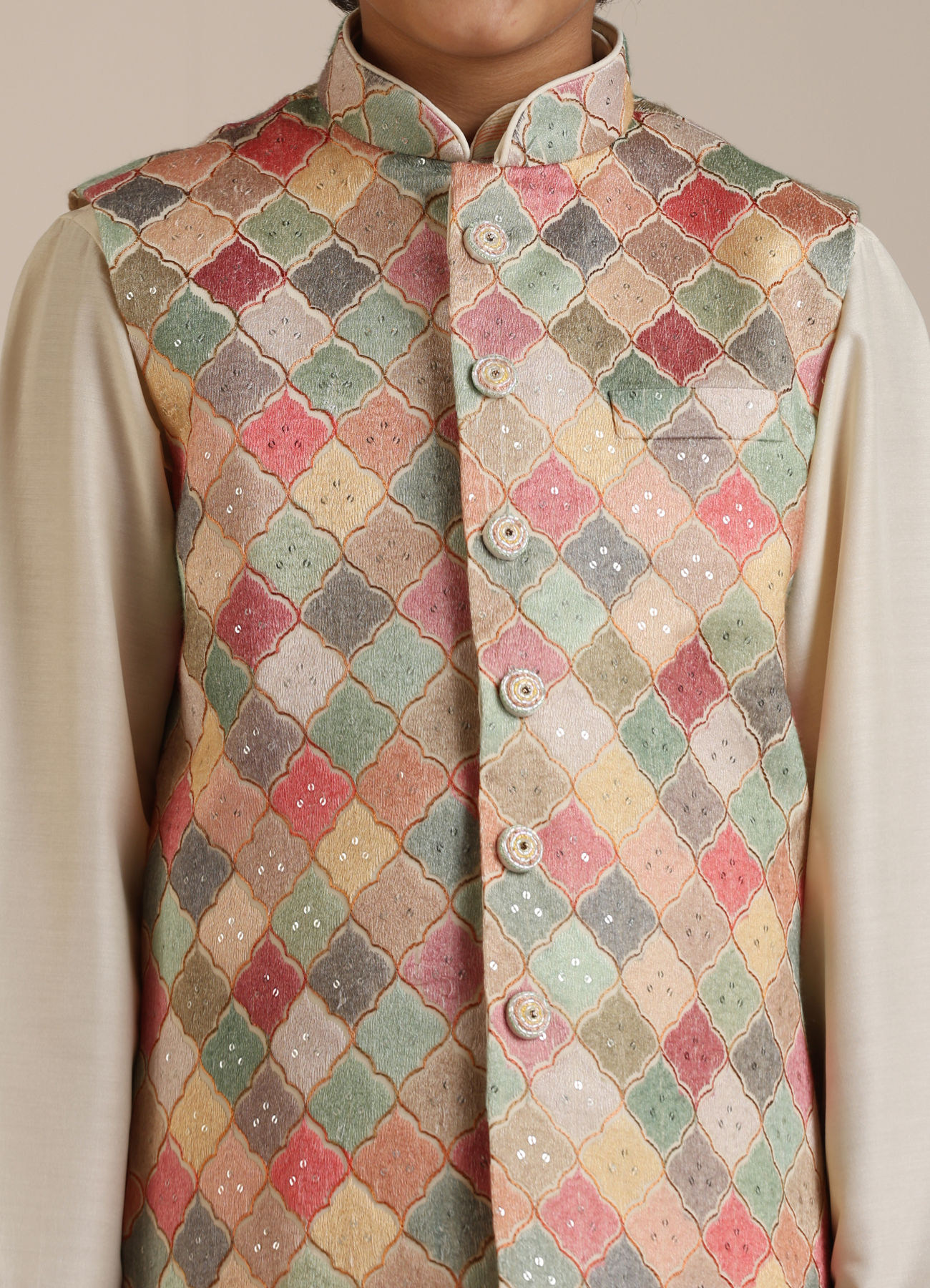 Manyavar Boys Boys Sand Beige Trellis Multi coloured Patterned Jacket Set