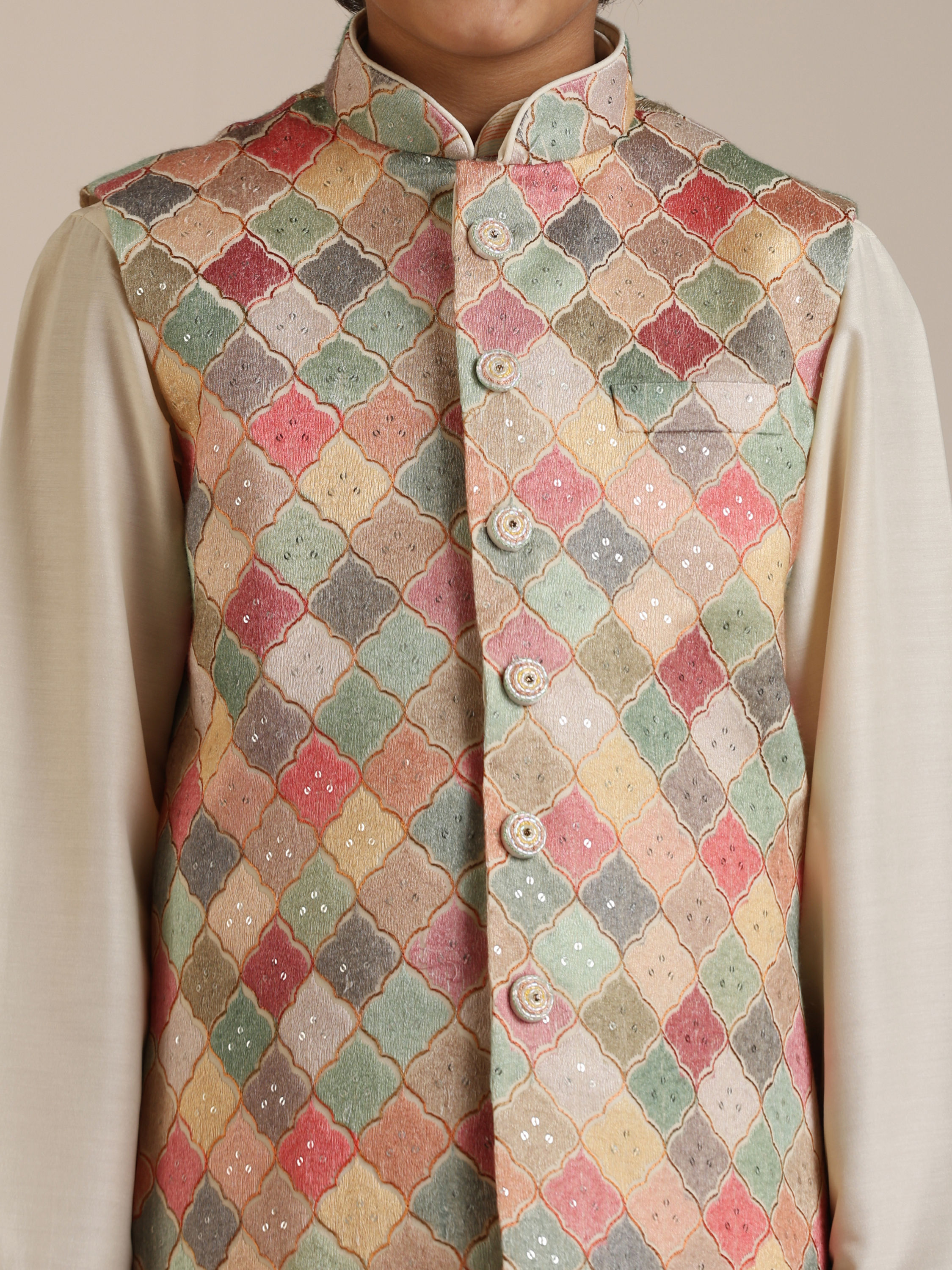 Manyavar Boys Boys Sand Beige Trellis Multi coloured Patterned Jacket Set