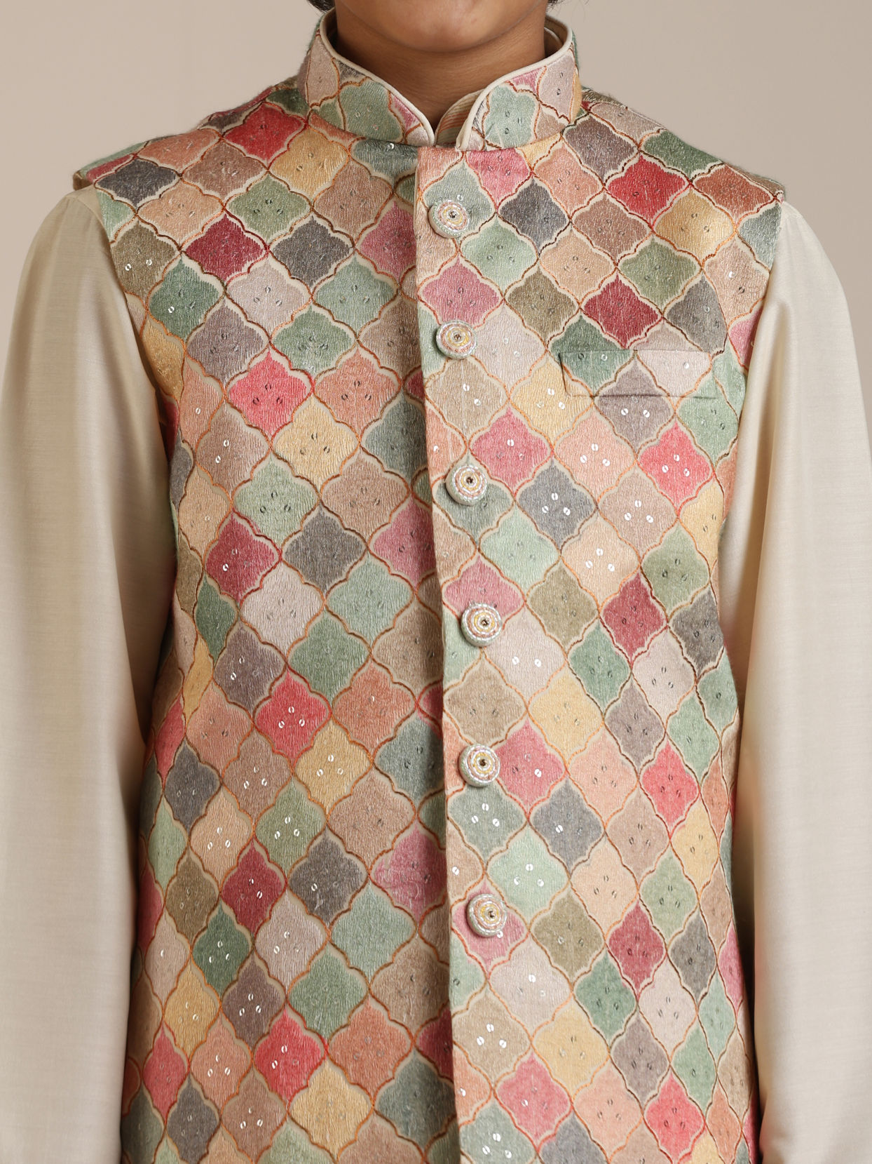 Manyavar Boys Boys Sand Beige Trellis Multi coloured Patterned Jacket Set