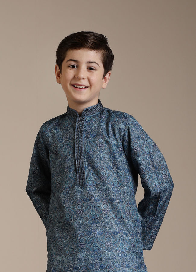 Manyavar Boys Boys Mid Blue Imperial Paisley Patterned Kurta Set