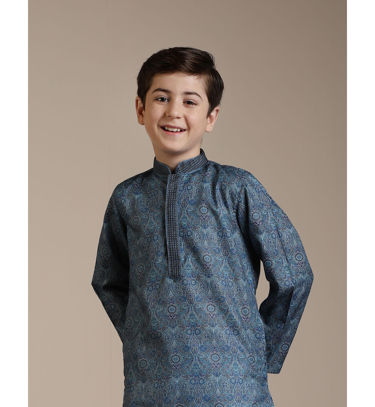 Boys Royal Blue Kurta Pajama Set with Printed Waistcoat main image 1