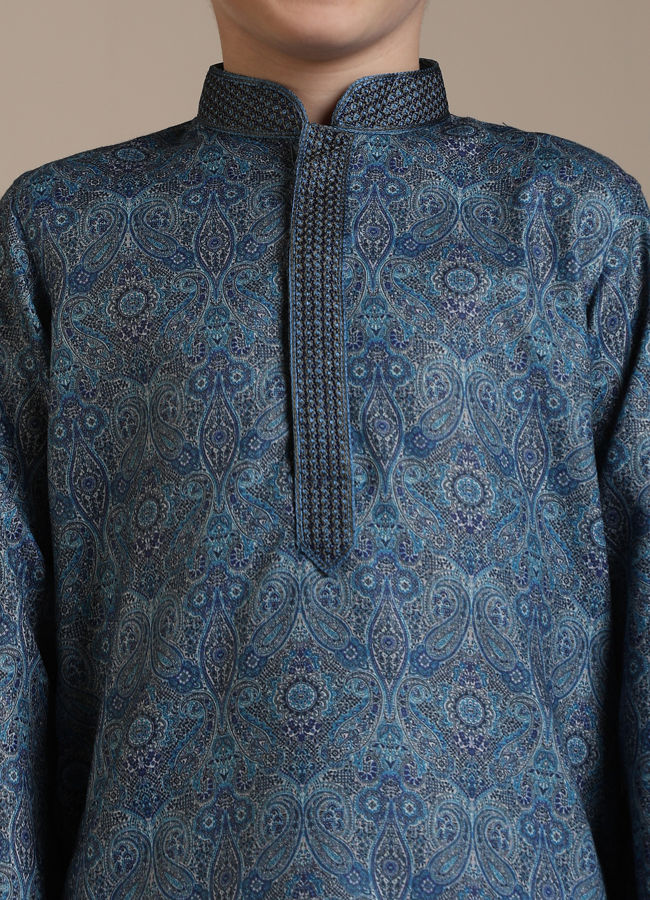 Manyavar Boys Boys Mid Blue Imperial Paisley Patterned Kurta Set