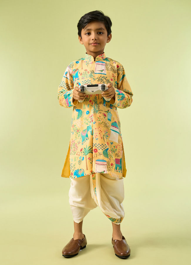 Manyavar Boys Golden Spectacle Yellow Kurta Dhoti