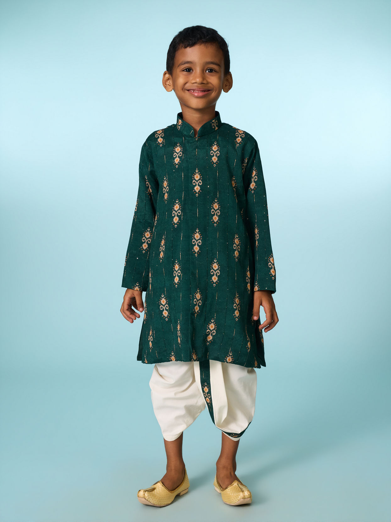 Manyavar Boys Festive Dark Green Kurta Dhoti