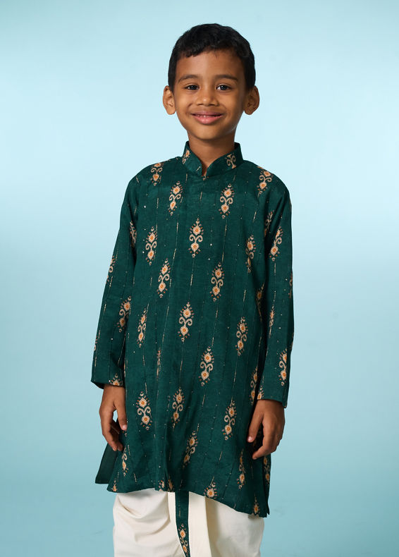 Manyavar Boys Festive Dark Green Kurta Dhoti