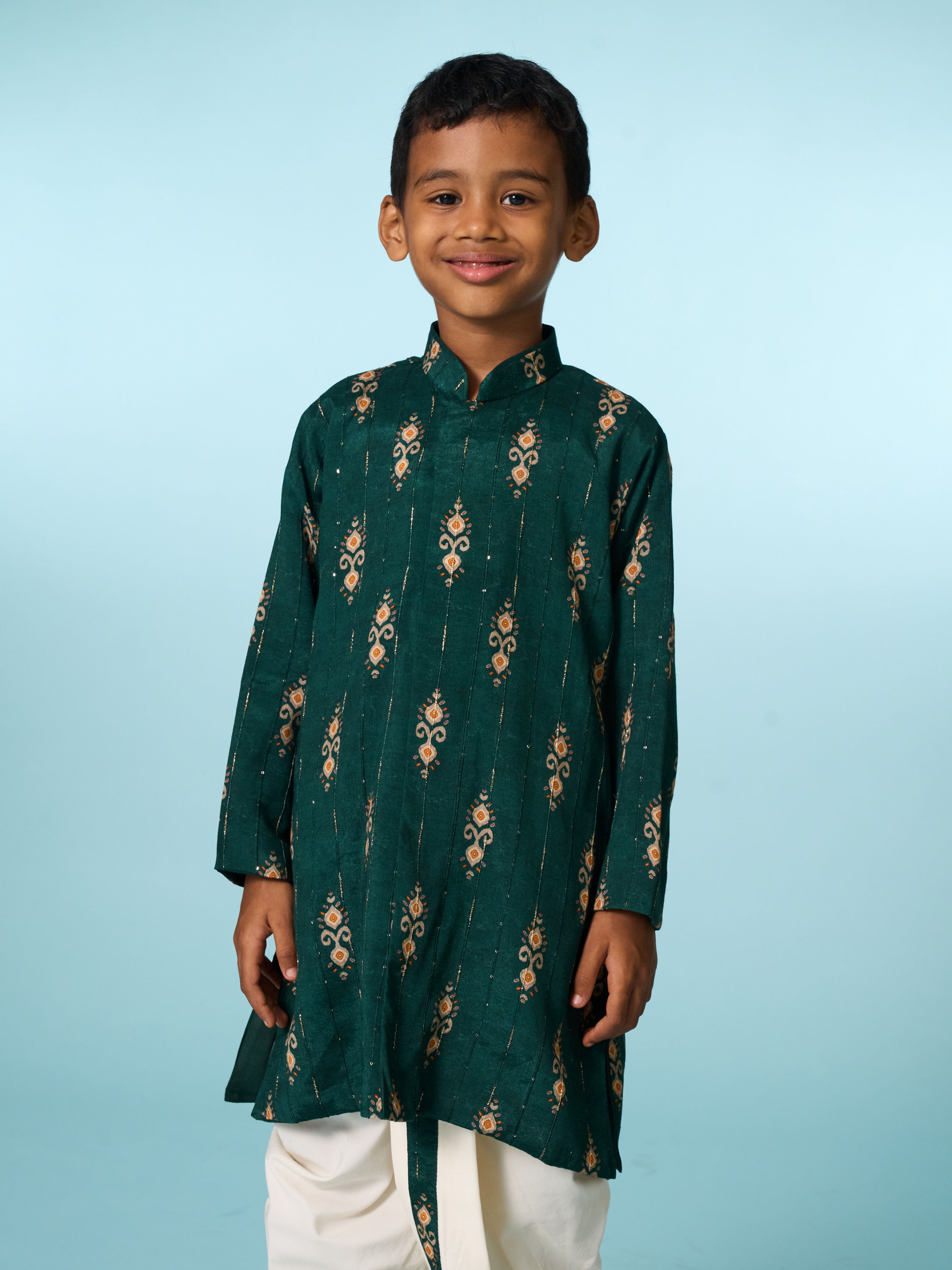 Manyavar Boys Festive Dark Green Kurta Dhoti