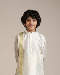 Manyavar Boys Cream Art Silk Plain Embroidered Kurta Set