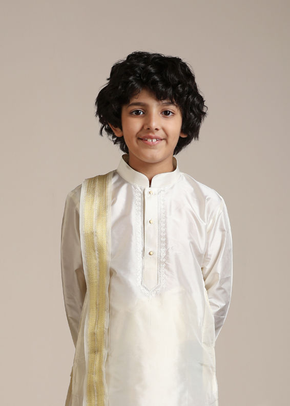 Manyavar Boys Cream Art Silk Plain Embroidered Kurta Set