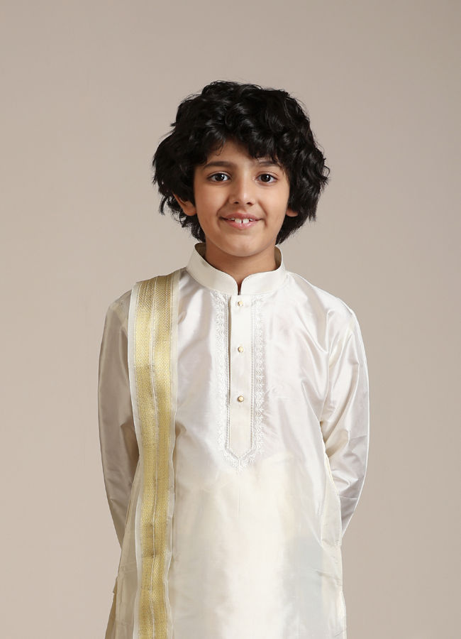 Manyavar Boys Cream Plain Embroidered Kurta Set