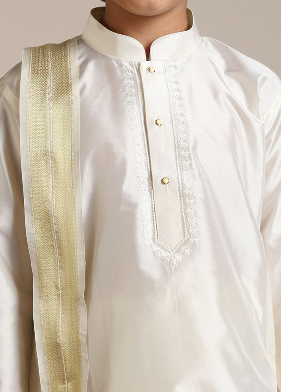 Manyavar Boys Cream Art Silk Plain Embroidered Kurta Set