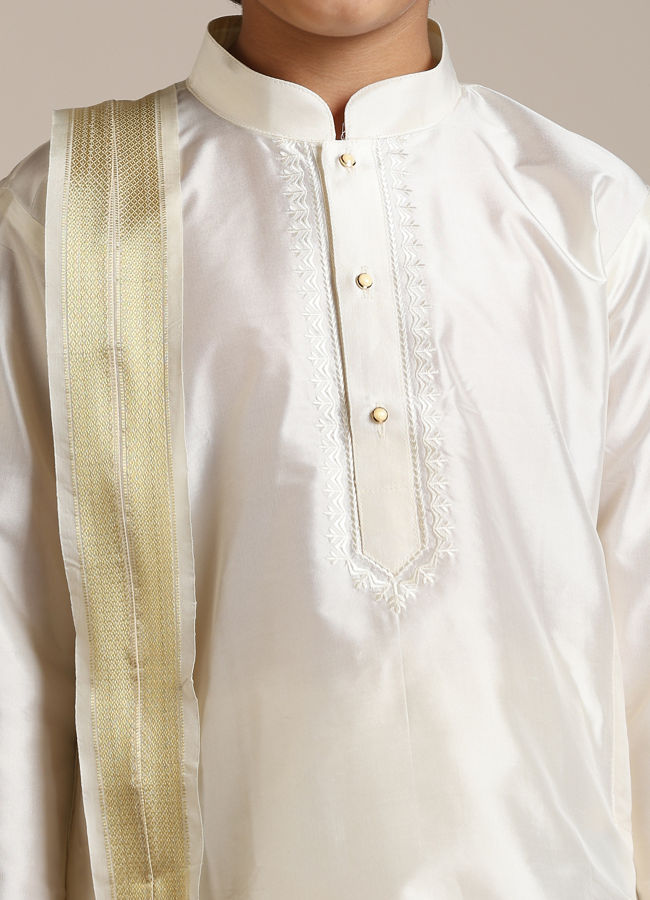 Manyavar Boys Cream Plain Embroidered Kurta Set