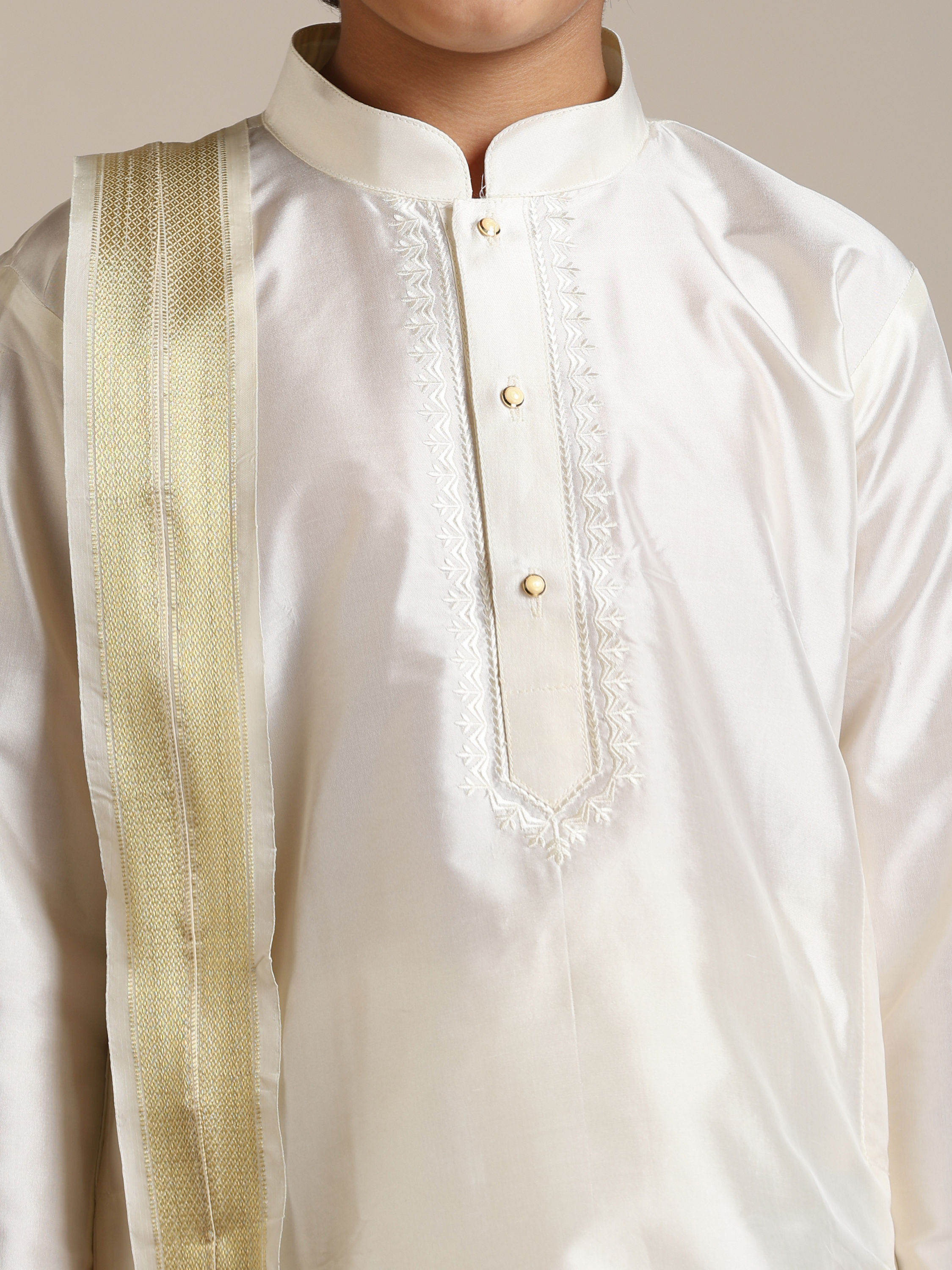 Manyavar Boys Cream Art Silk Plain Embroidered Kurta Set