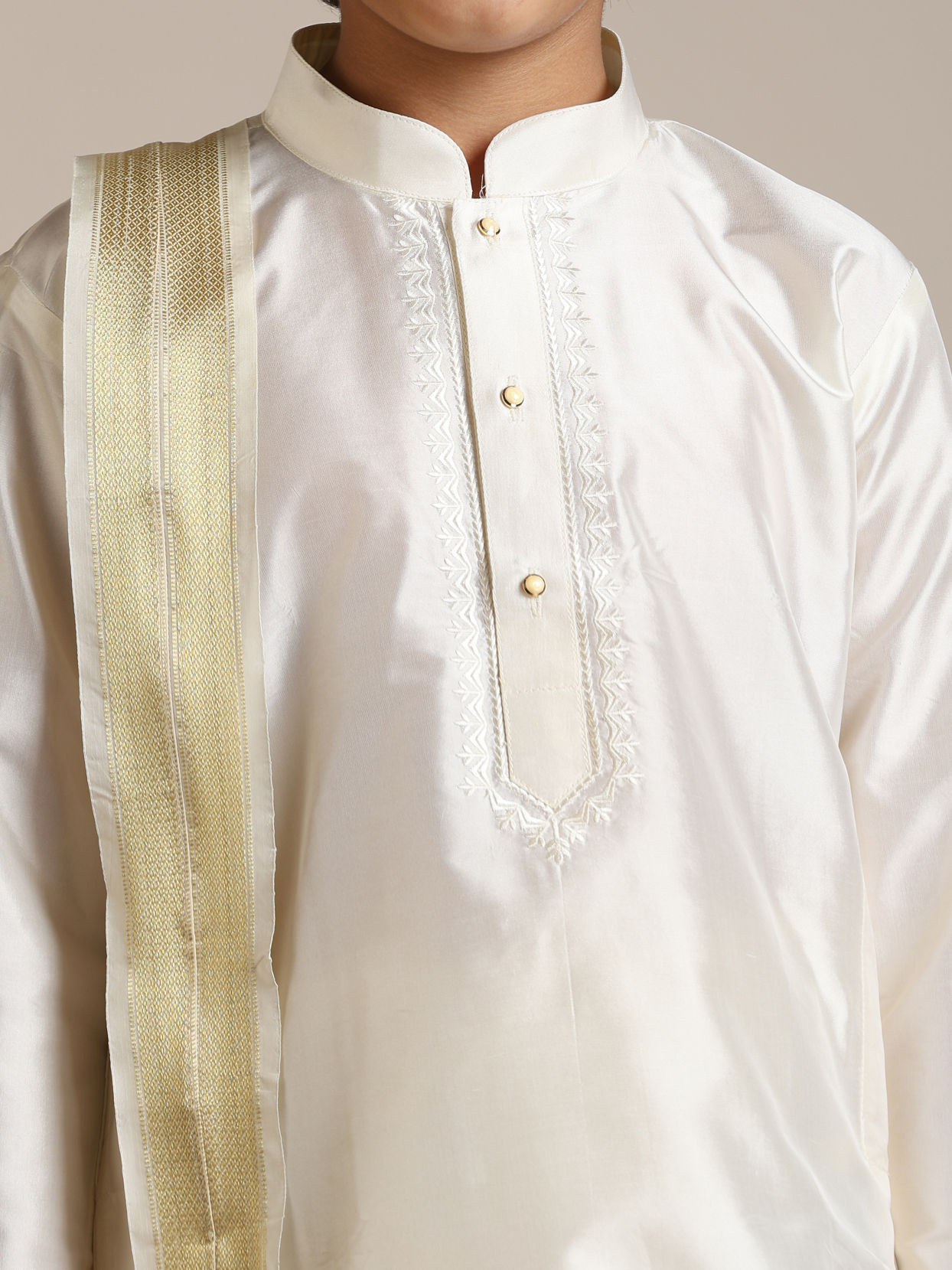 Manyavar Boys Cream Plain Embroidered Kurta Set