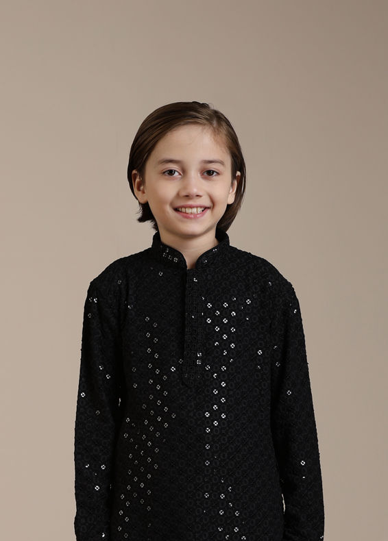 Manyavar Boys Boys Black Sequinned Chikankari Kurta Set