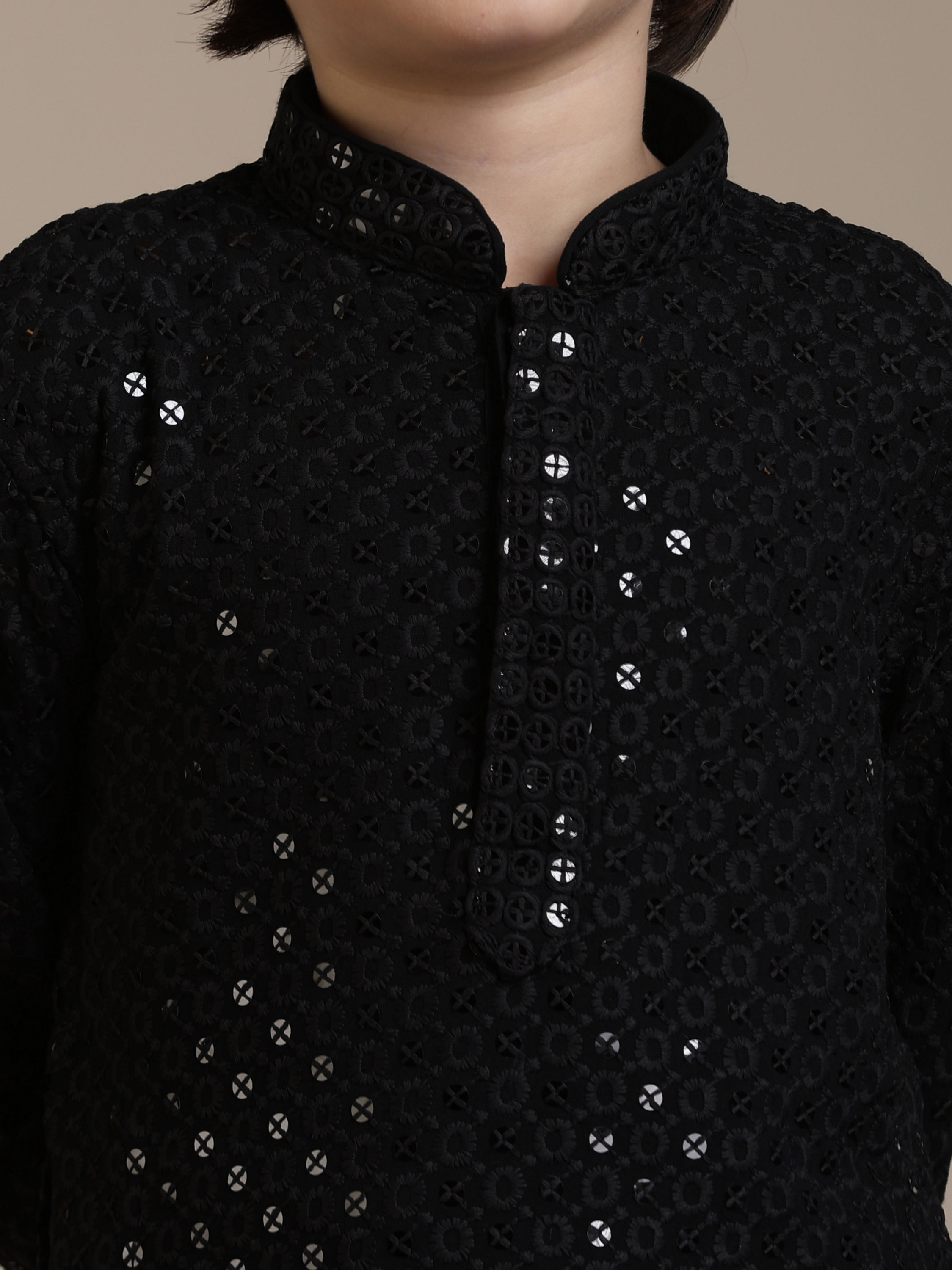 Manyavar Boys Boys Black Sequinned Chikankari Kurta Set