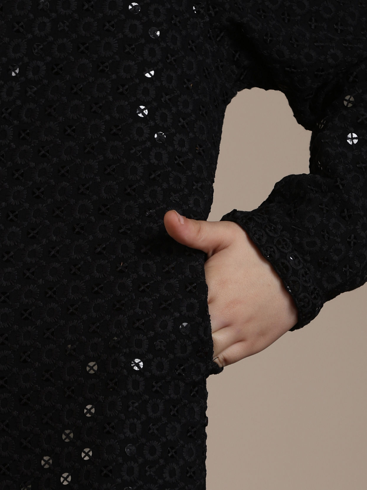 Manyavar Boys Boys Black Sequinned Chikankari Kurta Set