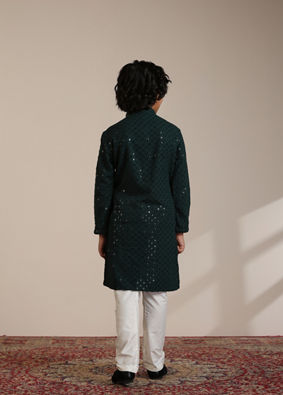 alt message - Manyavar Boys Boys Dark Green Sequinned Chikankari Kurta Set image number 5