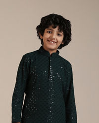 Manyavar Boys Boys Dark Green Sequinned Chikankari Kurta Set