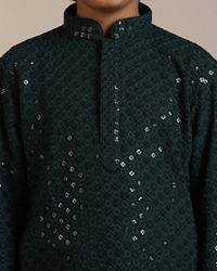 Manyavar Boys Boys Dark Green Sequinned Chikankari Kurta Set