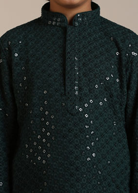 alt message - Manyavar Boys Boys Dark Green Sequinned Chikankari Kurta Set image number 1