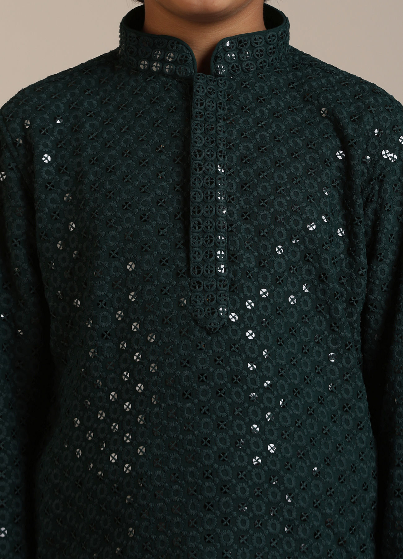 Manyavar Boys Boys Dark Green Sequinned Chikankari Kurta Set