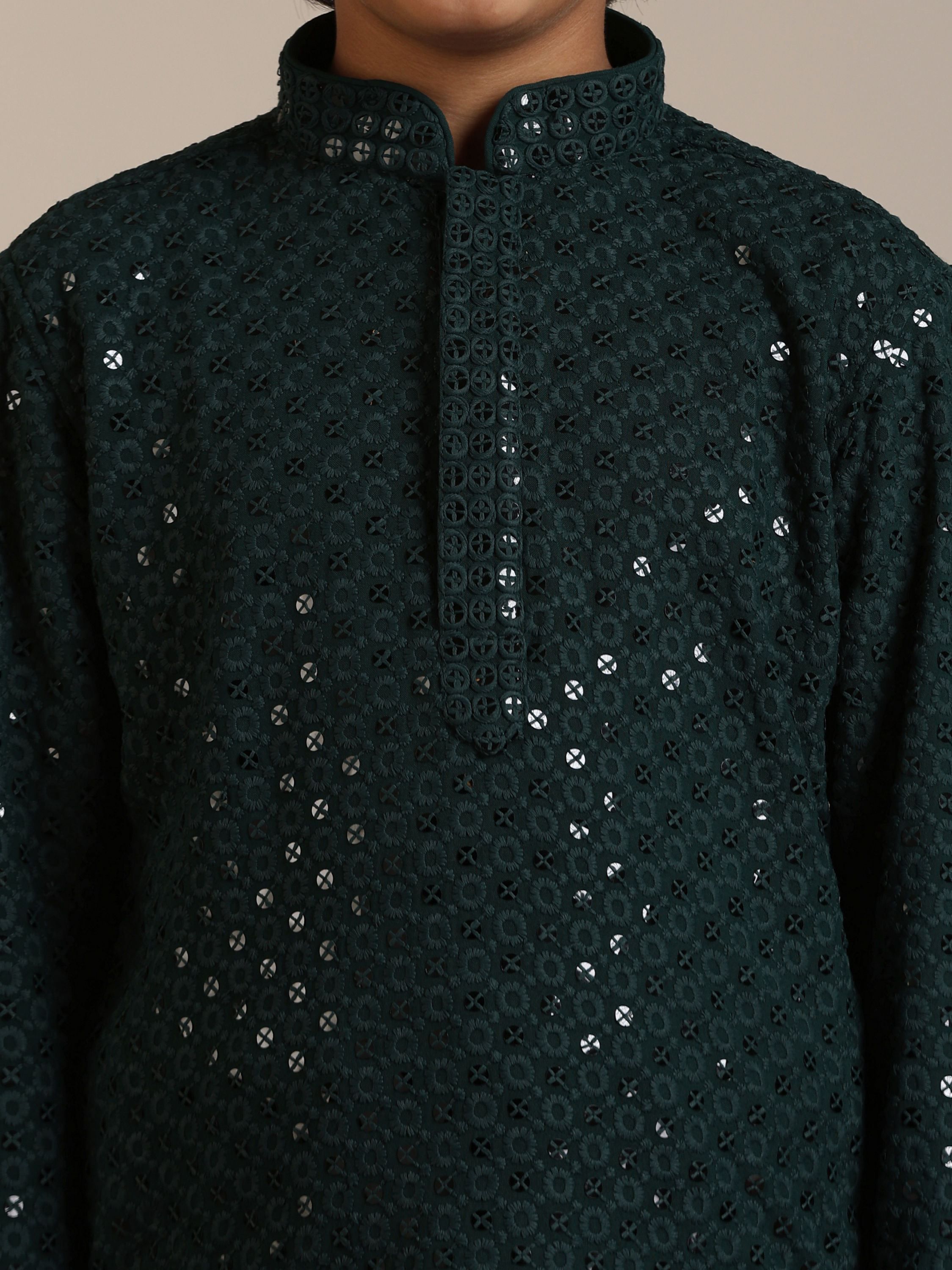 Manyavar Boys Boys Dark Green Sequinned Chikankari Kurta Set