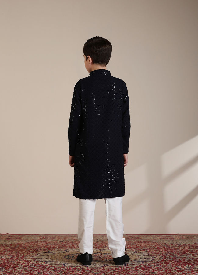 Manyavar Boys Boys Mid Blue Sequinned Chikankari Kurta Set