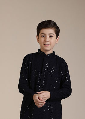 alt message - Manyavar Boys Boys Mid Blue Sequinned Chikankari Kurta Set image number 0