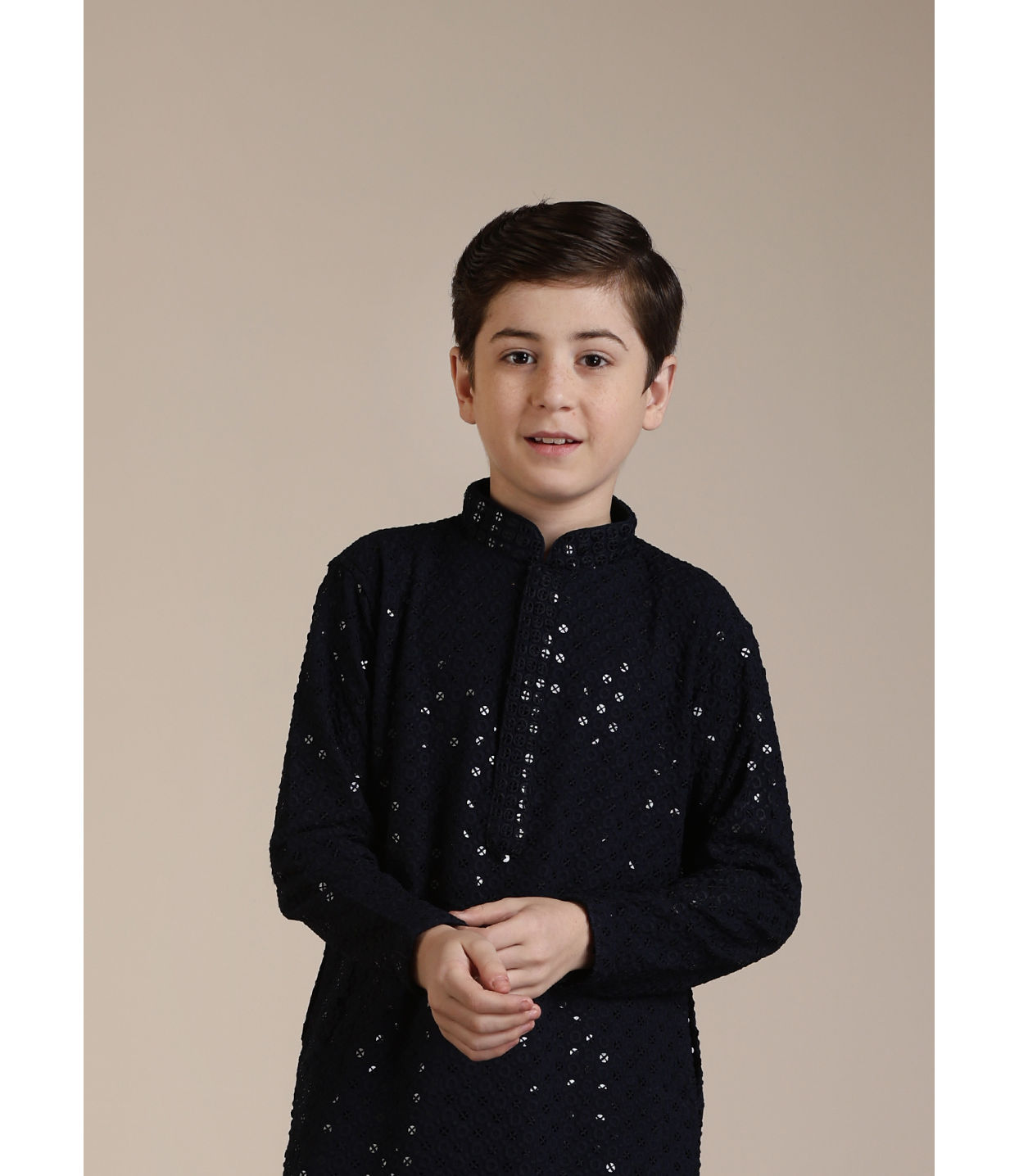 alt message - Manyavar Boys Boys Mid Blue Sequinned Chikankari Kurta Set image number 0